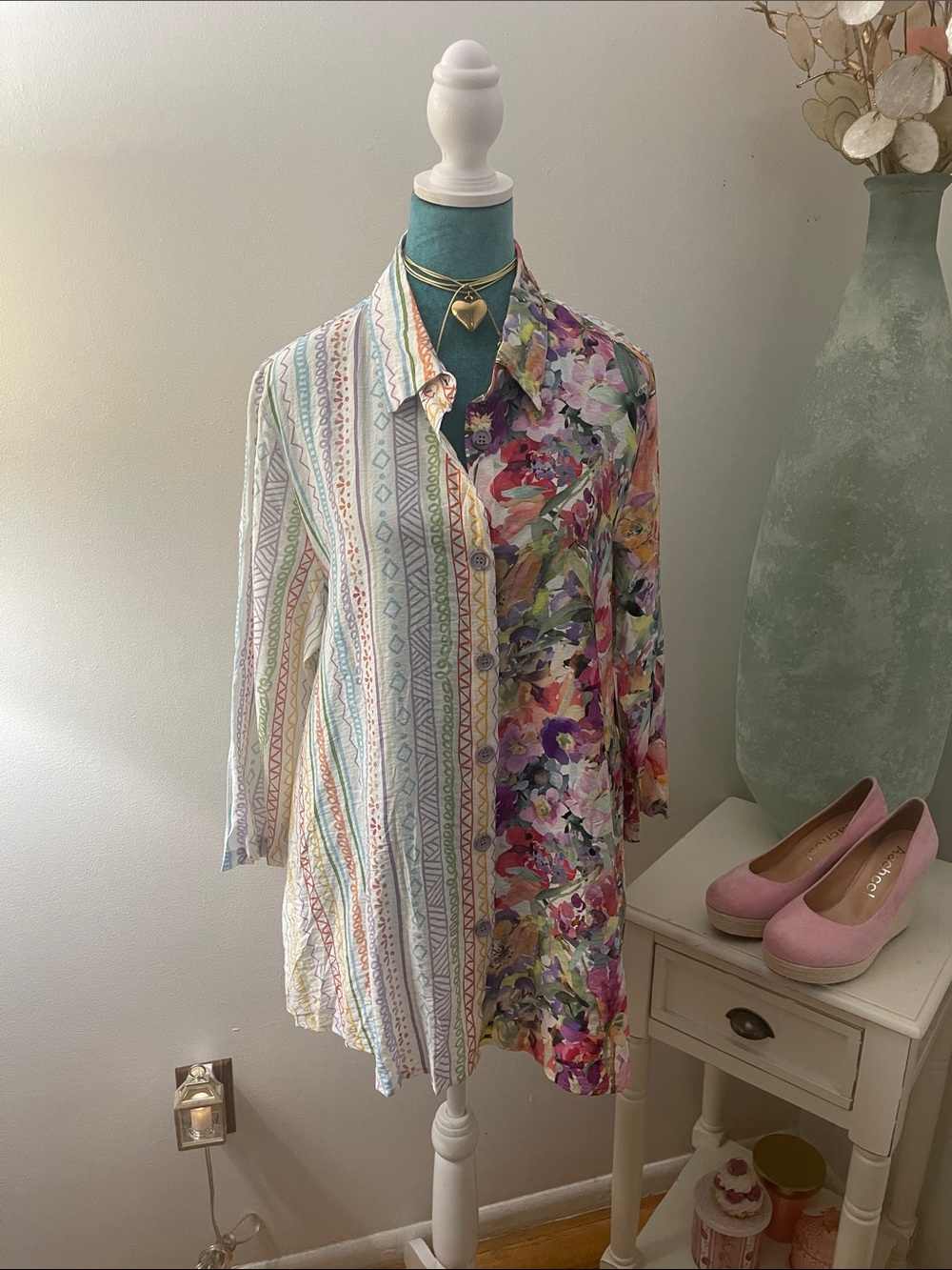 SHANA Multicolor Floral Print Blouse with Gold Trim